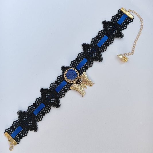 <09008>Mini rose ribbon choker(blue)