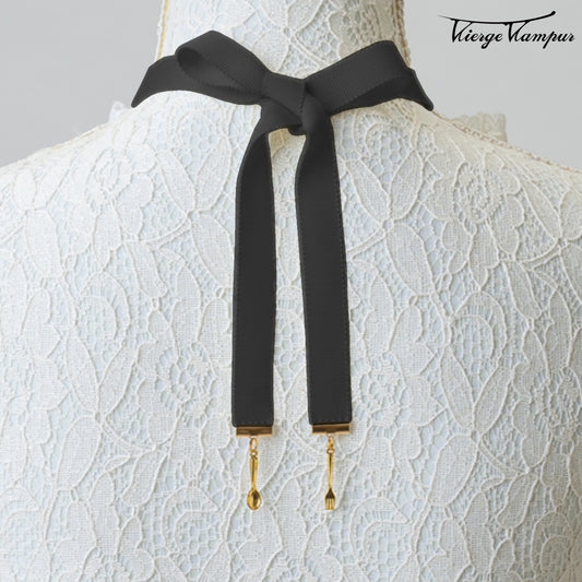 <31011>Cutlery Ribbon Tie<br> (white and black)