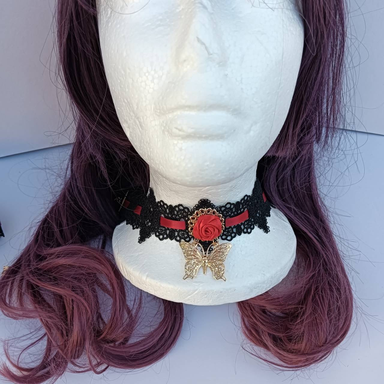 <09007>Mini rose ribbon choker(red)