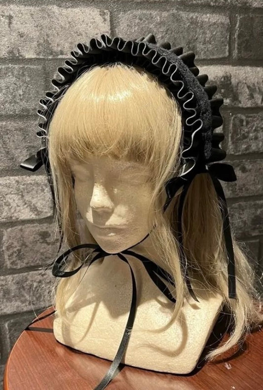 <32007>frills faux leather headdress Black