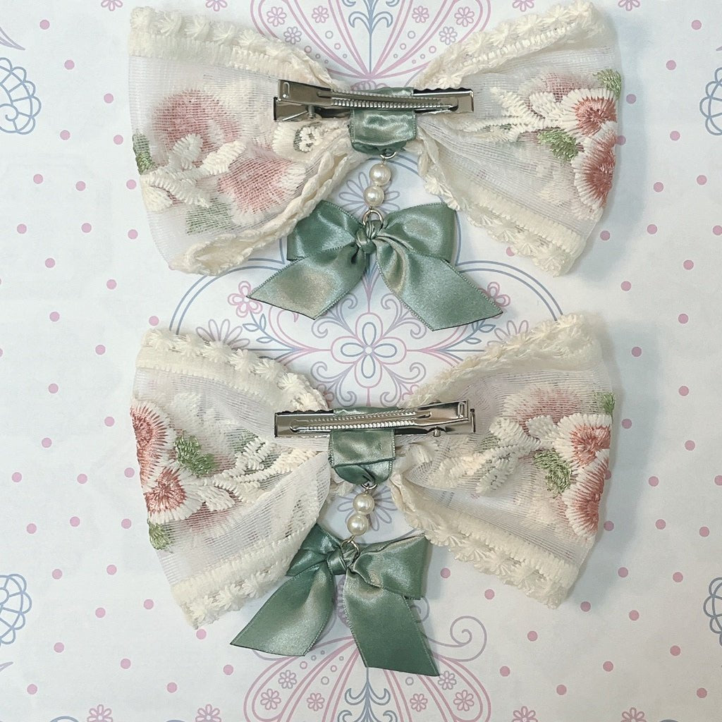 <13009>Young lady's embroidered ribbon hair clip set（Antique Green×Embroidery on each side）