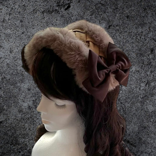 <03024>Headdress: Velveteen fabric with eco fur (Caramel brown)