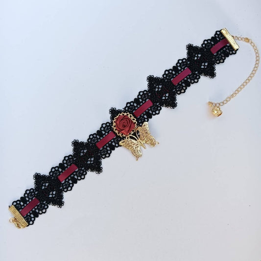 <09011>Mini rose ribbon choker(dark red)