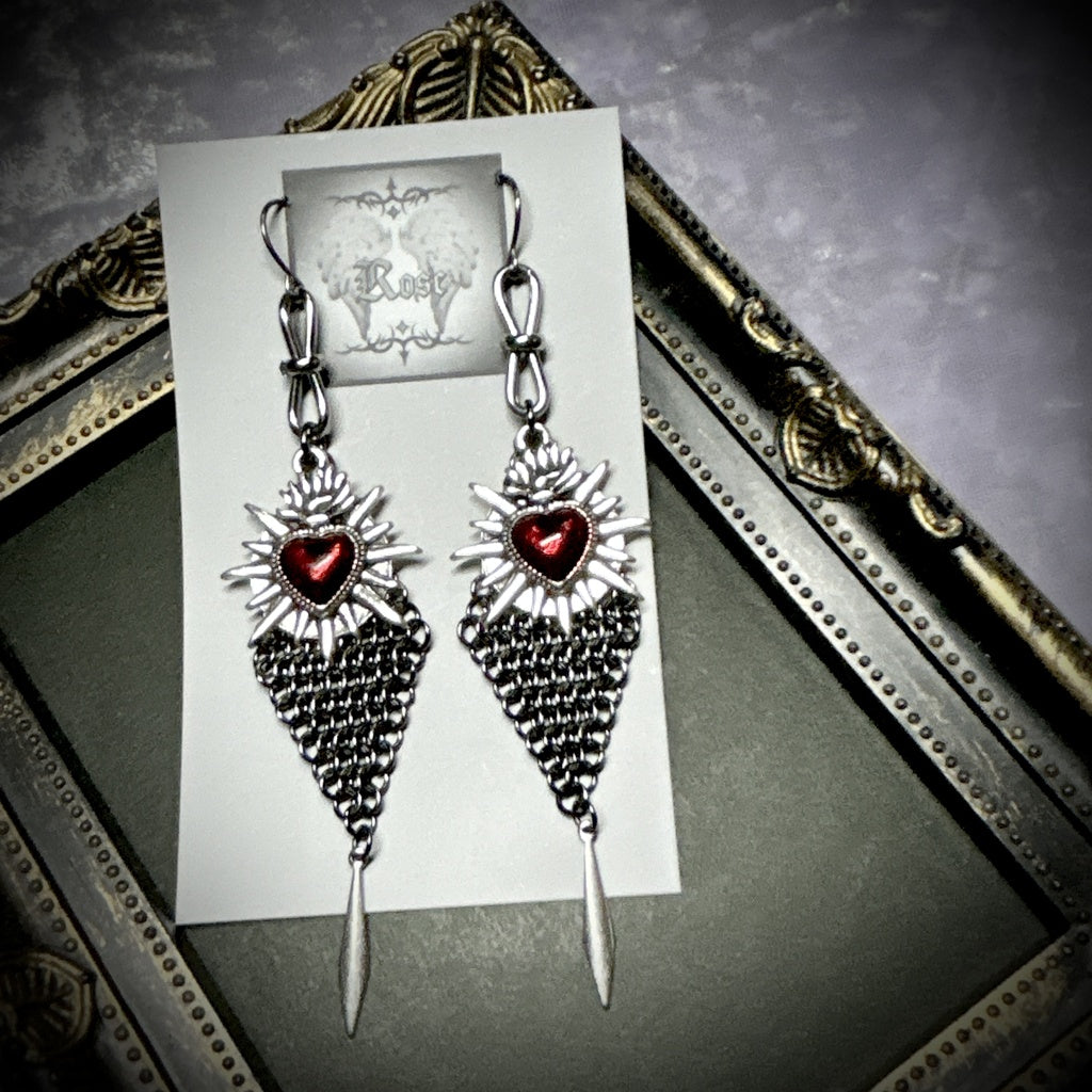 <01019>heart & chain sheet earring(red)