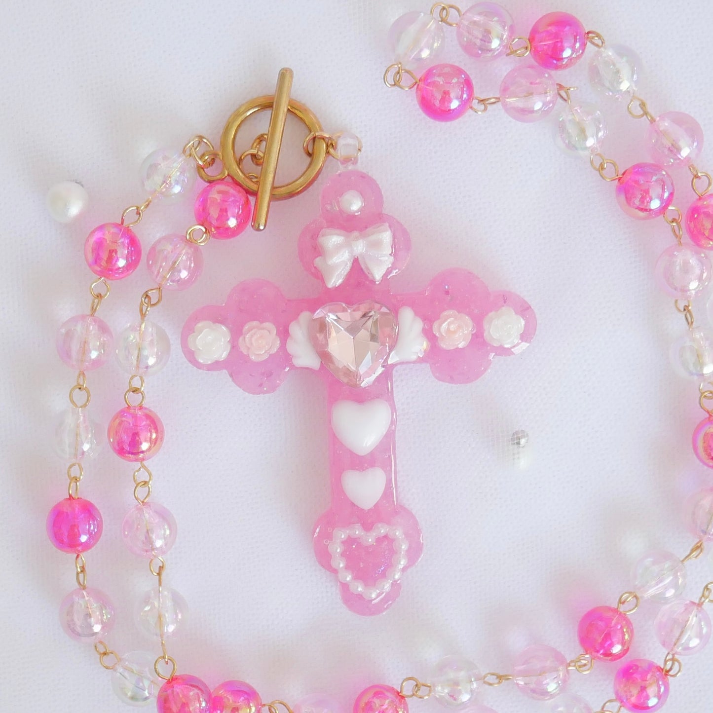 ＜15-016＞Cross necklace (pink×white)