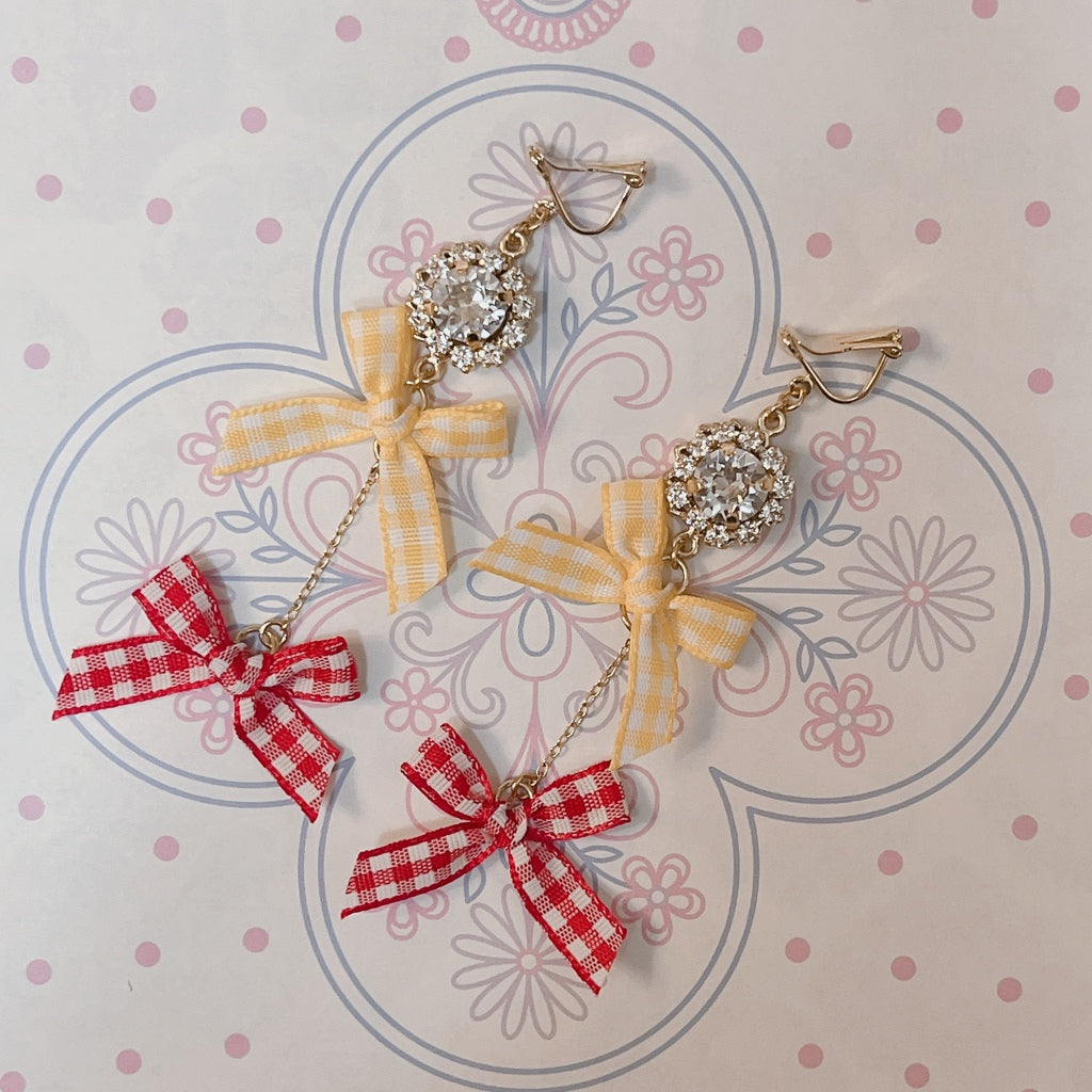 <13052>Girly clip-on earrings with swinging gingham ribbon（Red×Yellow）