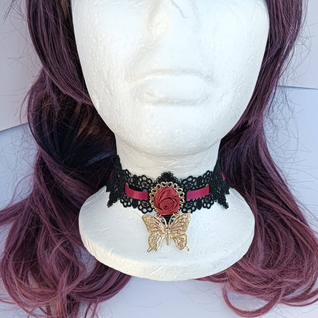 <09011>Mini rose ribbon choker(dark red)