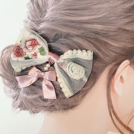 <13008>Young lady's embroidered ribbon hair clip set（Rose Pink×Embroidery on one side）