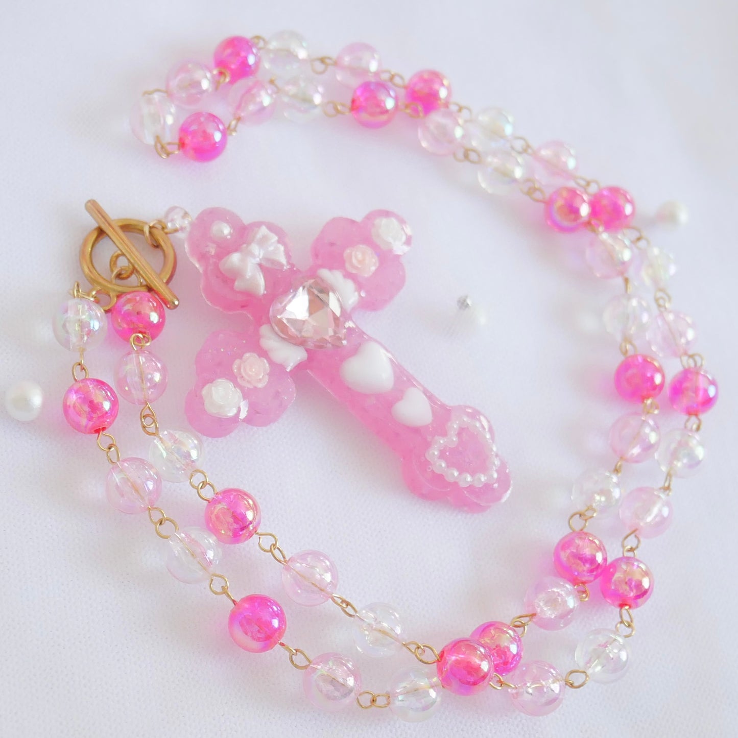 ＜15-016＞Cross necklace (pink×white)