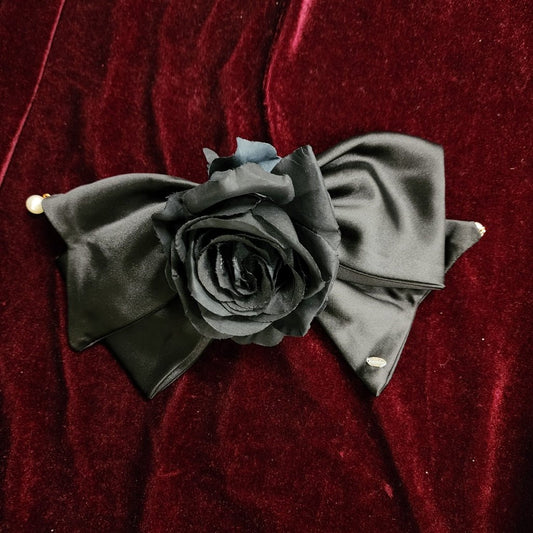 <11041>Black rose ribbon corsage and hair barrette