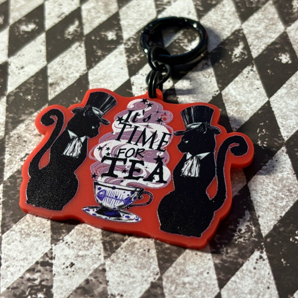 <24019>Black Cat and Tea Cup key ring