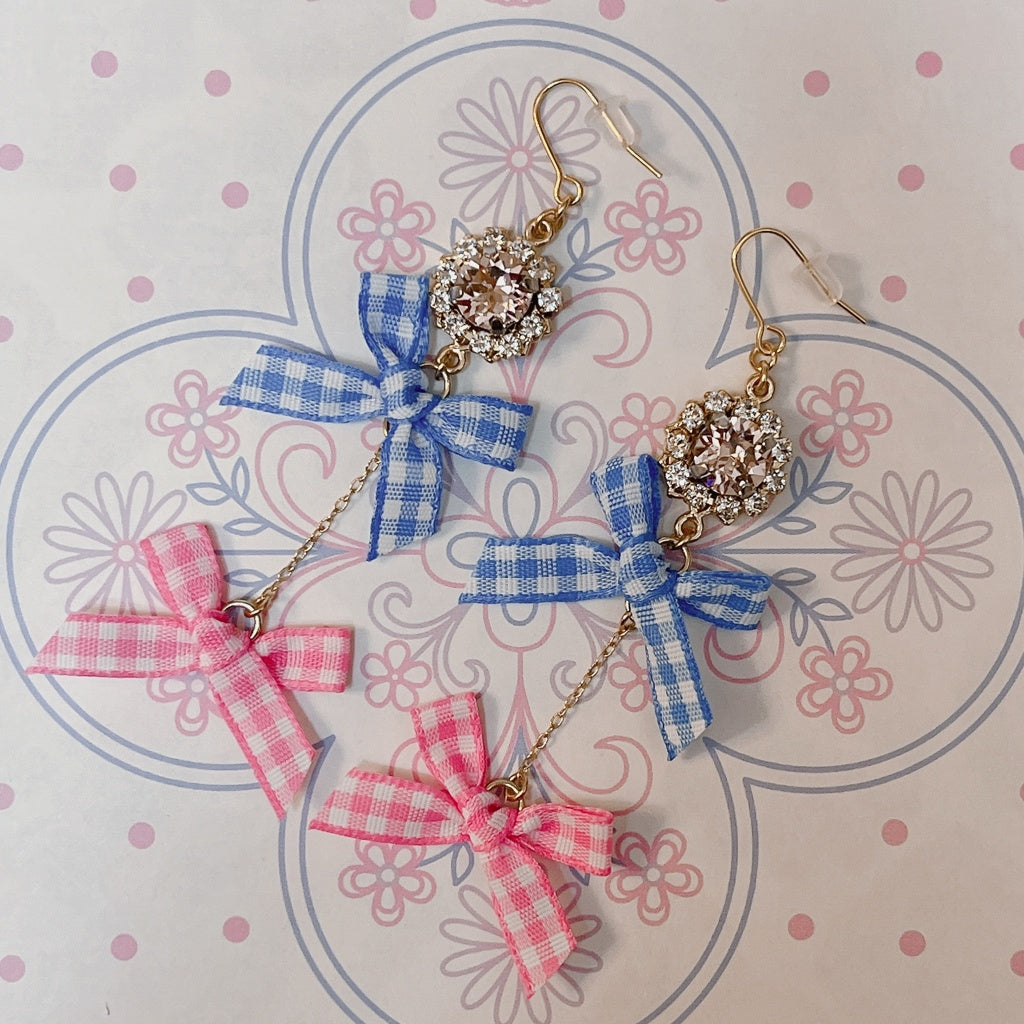 <13054>Girly earrings with swinging gingham ribbon（Pink×Light blue）