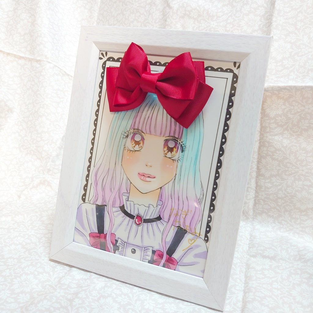 <02039>Girl illustration with ribbon hair clip