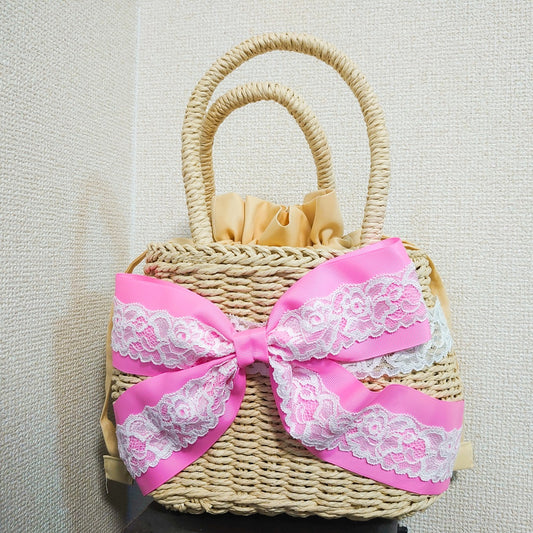 <02002>Big ribbon basket bag (pink)