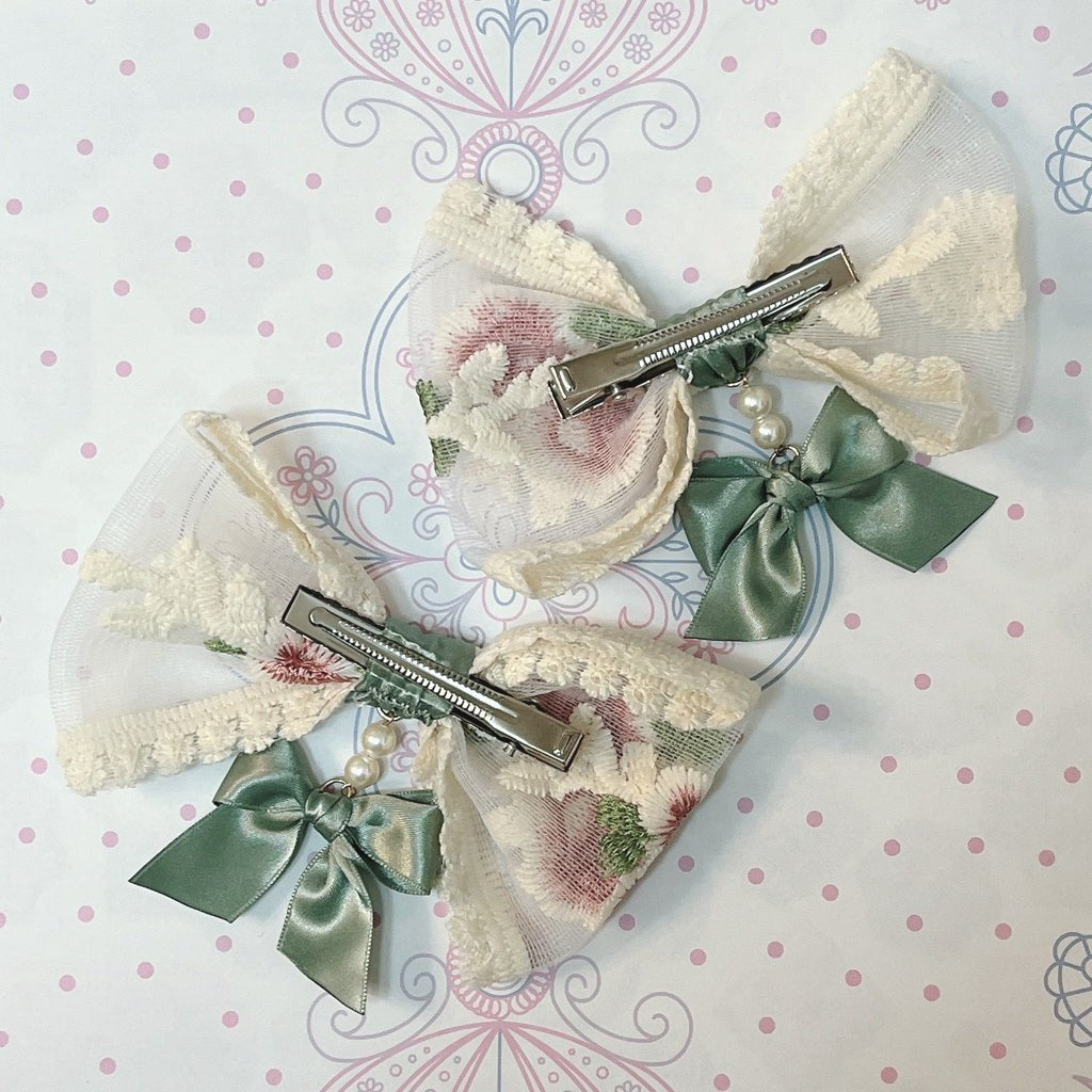 <13010>Young lady's embroidered ribbon hair clip set（Antique Green×Embroidery on one side）