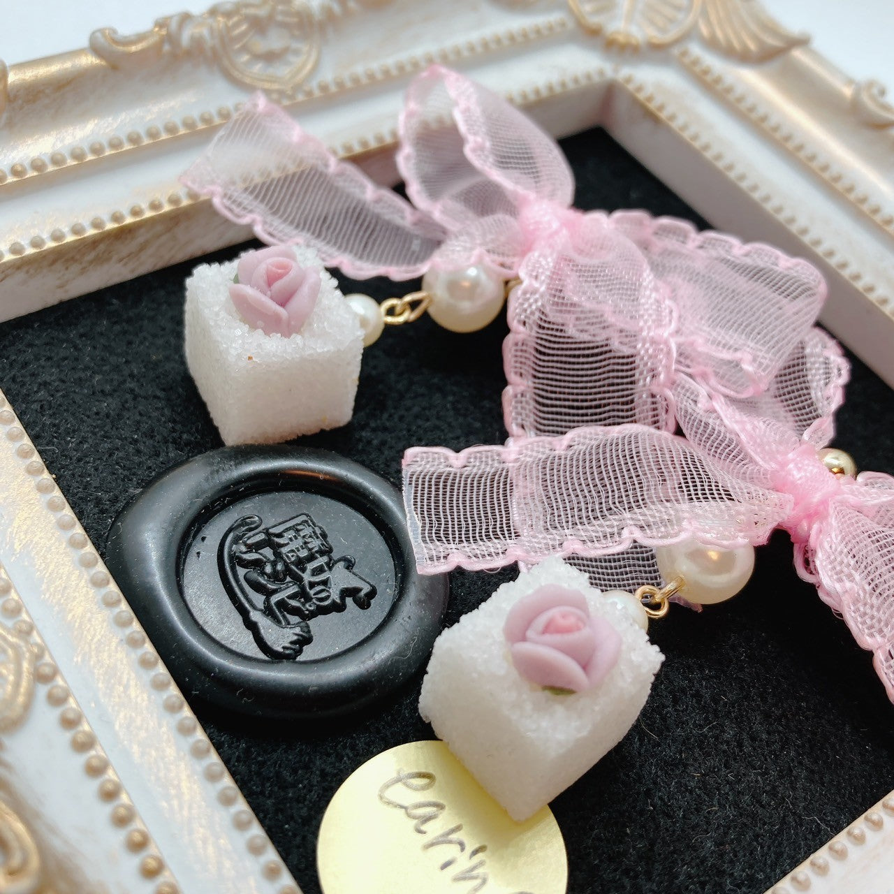 <12001>Rose cube sugar pinkribbon earring