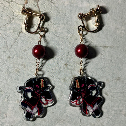 <24034>Jiangshi black cat clip-on earrings