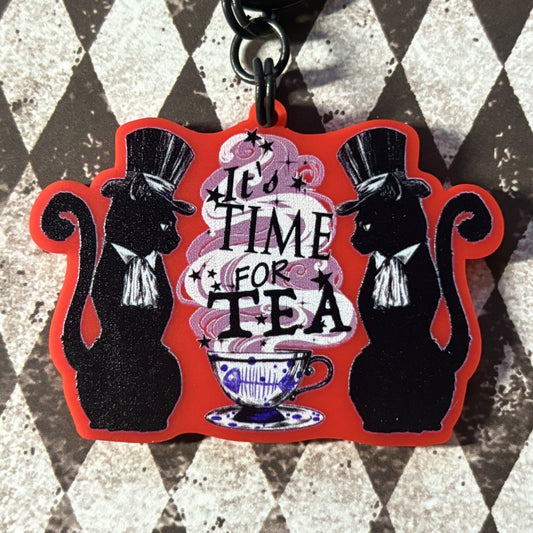 <24019>Black Cat and Tea Cup key ring