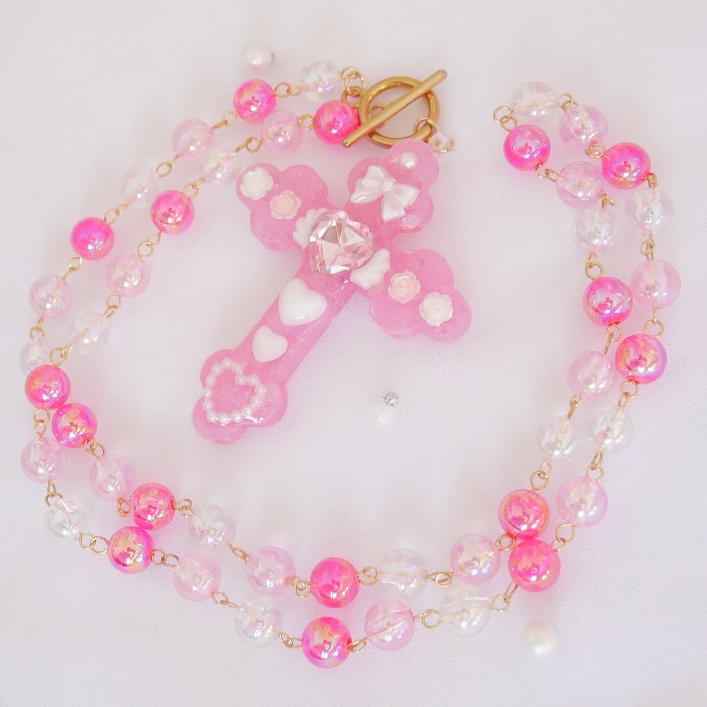 ＜15-016＞Cross necklace (pink×white)