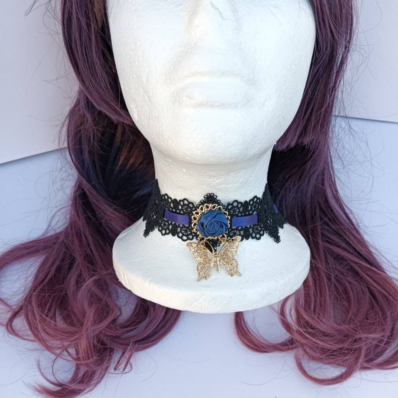 <09012>Mini rose ribbon choker(dark blue)