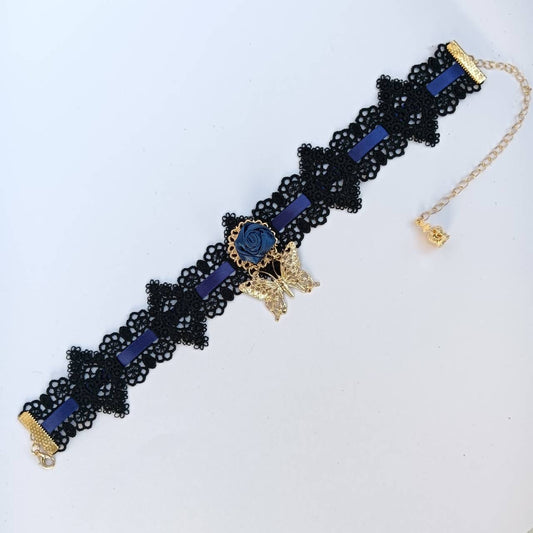 <09012>Mini rose ribbon choker(dark blue)