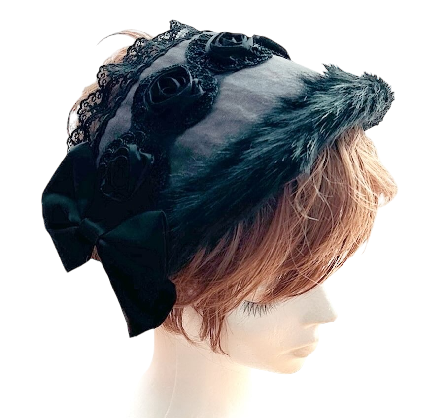 <03008>Headdress: Velveteen fabric with eco fur (Dark gray)