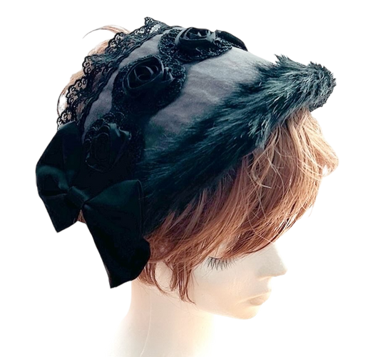 <03008>Headdress: Velveteen fabric with eco fur (Dark gray)