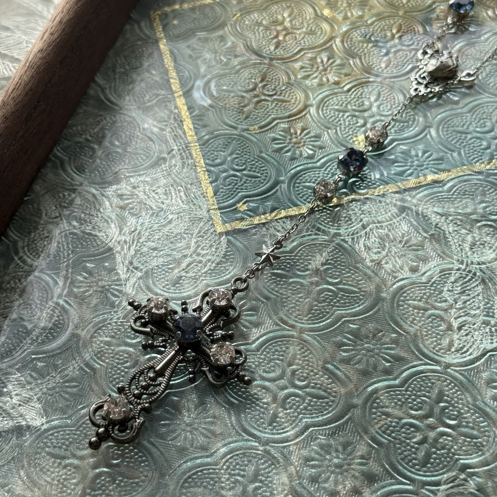 <08035> Rosary style pendant of crystal and cross (denim blue)