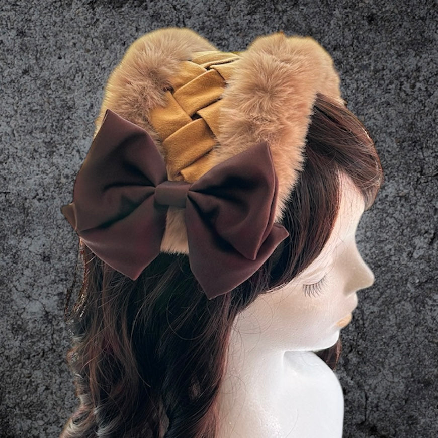 <03024>Headdress: Velveteen fabric with eco fur (Caramel brown)