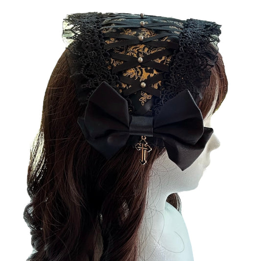 <03013>Headdress: Almond shaped, with faux pearls (Black)