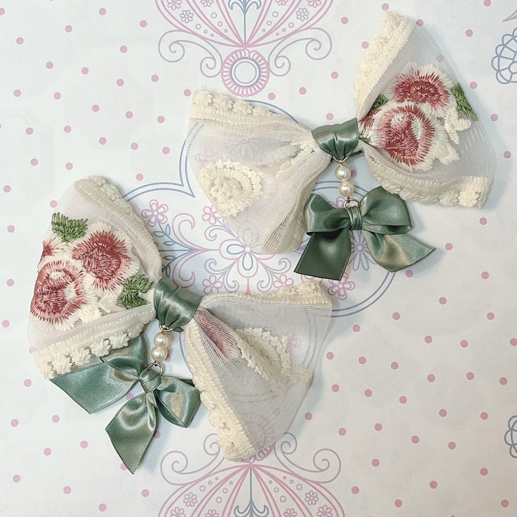 <13010>Young lady's embroidered ribbon hair clip set（Antique Green×Embroidery on one side）