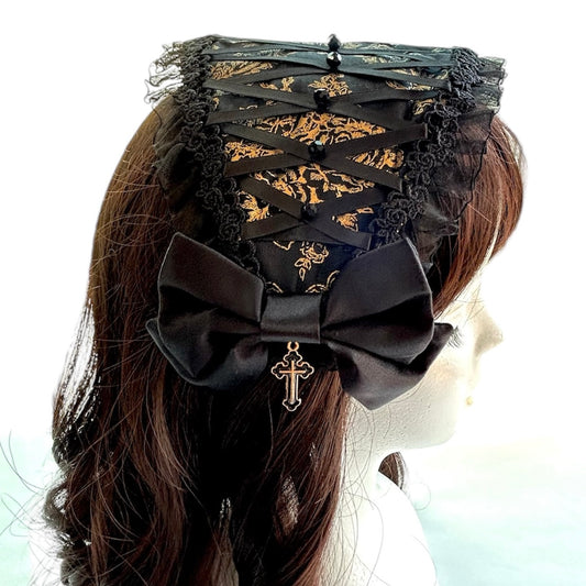 <03014>Headdress: Almond shaped, with black beads (Black)