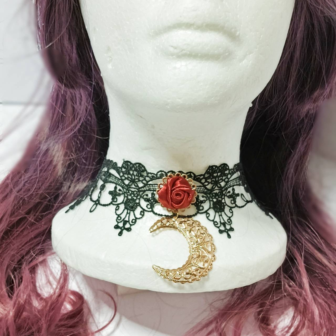 <09005>Mini rose lace choker(dark red)