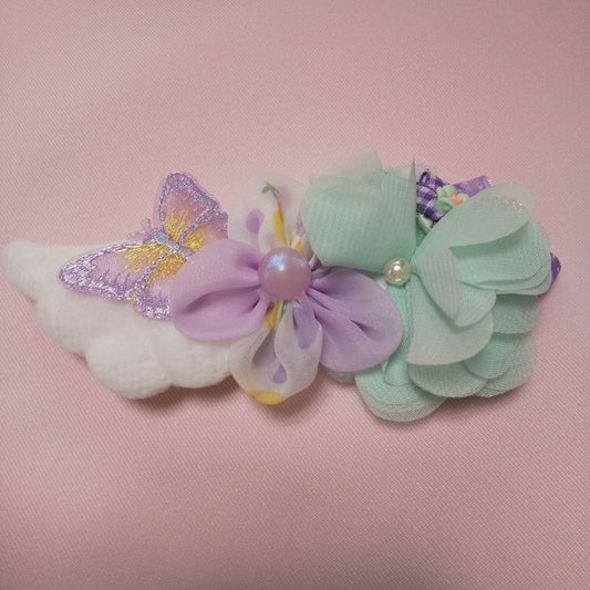 <35053>Flower hair clip with wings (mint green & purple)