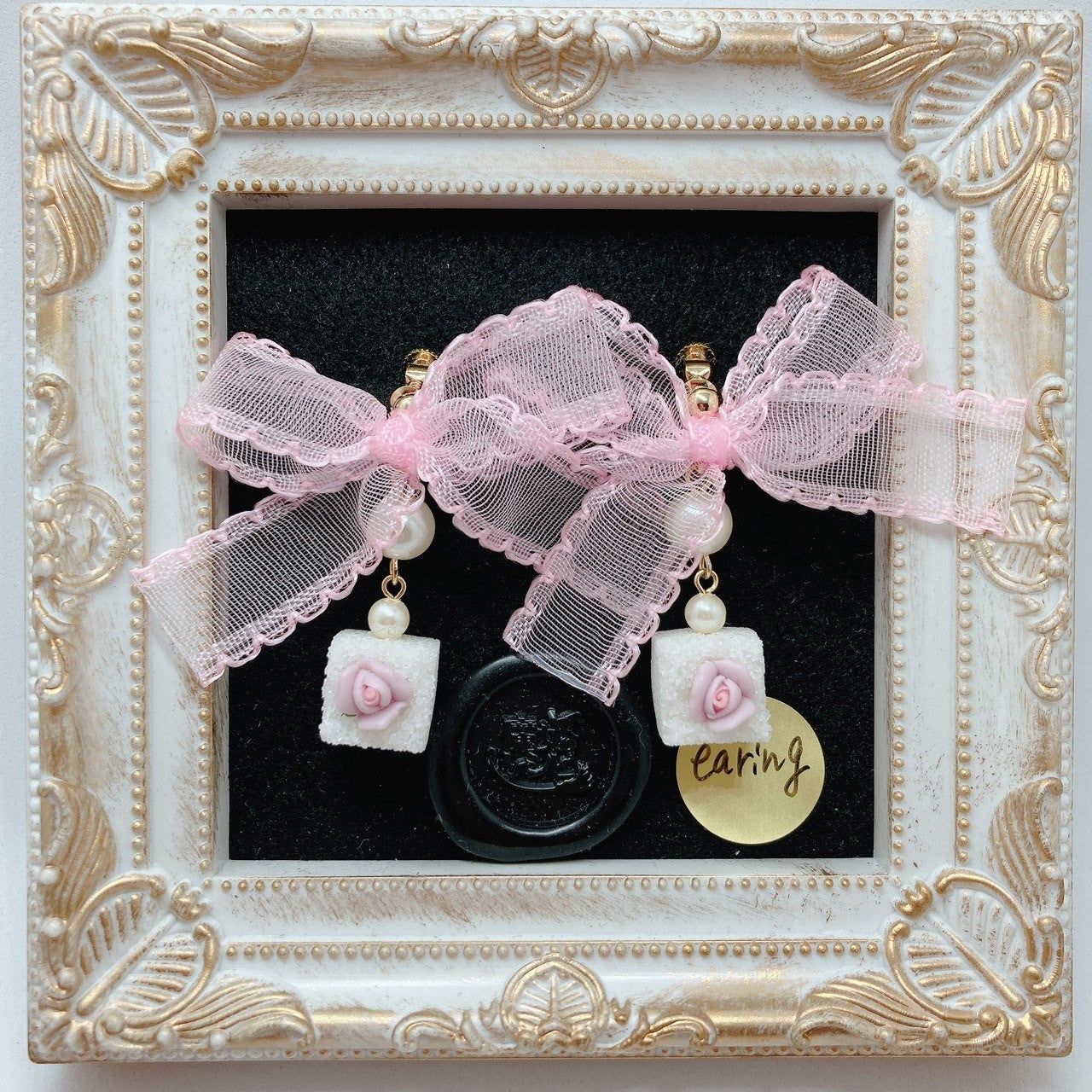 <12001>Rose cube sugar pinkribbon earring